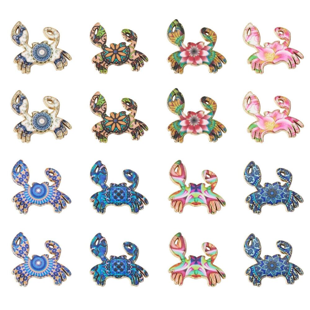 1984 16Pcs Crab Charms Colorful Flower Printed Crab Alloy Pendant Flat Cute